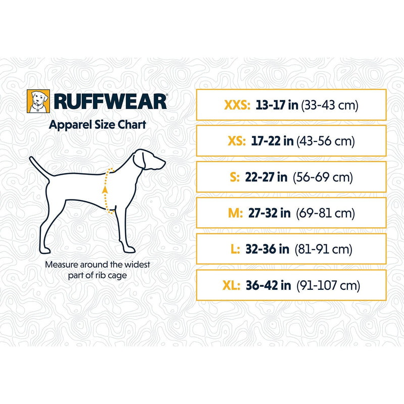 Load image into Gallery viewer, Ruffwear size chart for dog apparel with a diagram of a dog and measurement guide.
