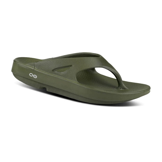 A green Oofos OOriginal Thong flip flop sandal with a unique design, showing the brand logo on the arch support.