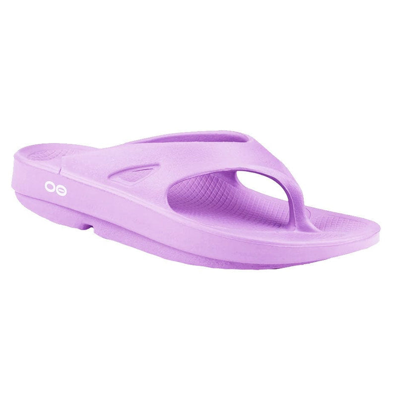 Load image into Gallery viewer, A purple Oofos OOriginal Thong flip flop sandal with a unique design, showing the brand logo on the arch support.