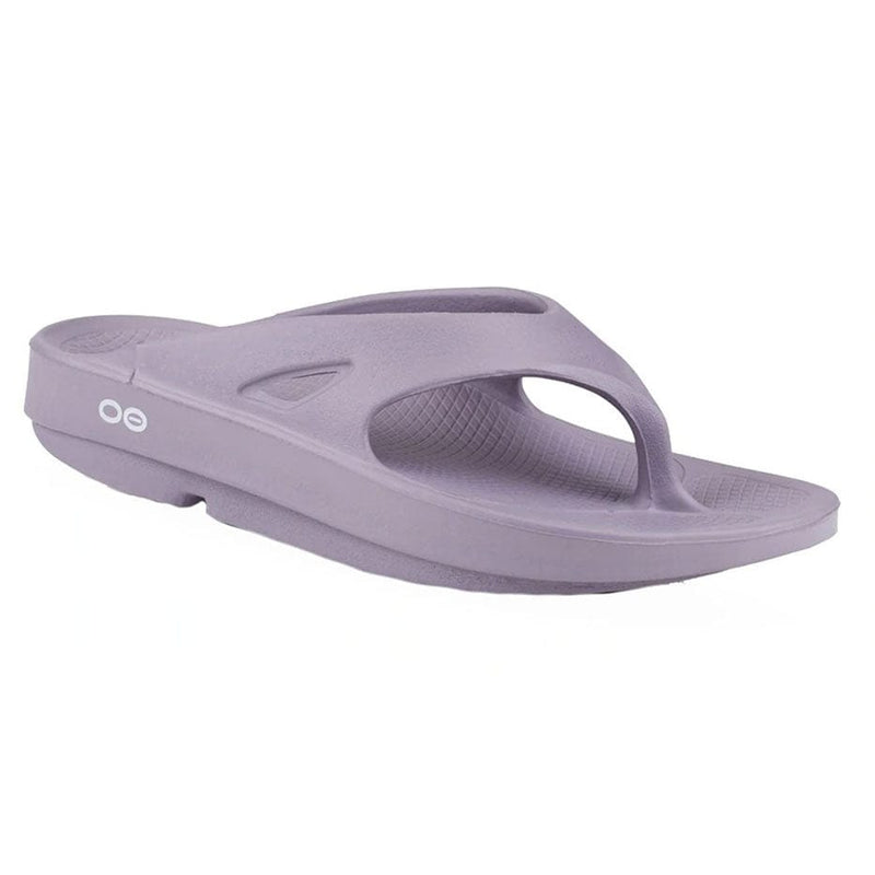 Load image into Gallery viewer, A purple Oofos OOriginal Thong flip flop sandal with a unique design, showing the brand logo on the arch support.