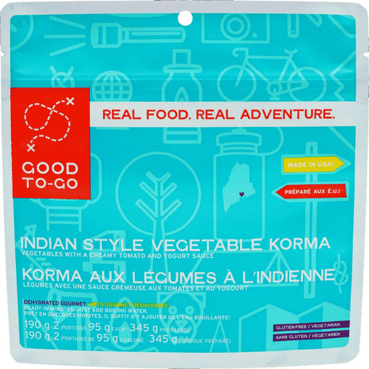 Good To-Go brand package of Indian Style Vegetable Korma on a blue background