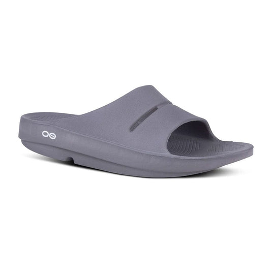 Oofos OOahh Slide sandal with a slip-on design, featuring the brand's logo on the strap.