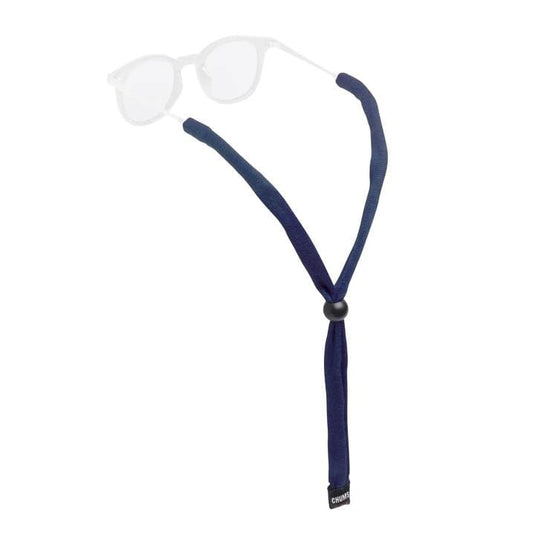 A black kids-sized cotton eyewear retainer with an adjustable bead, displayed with a pair of glasses.