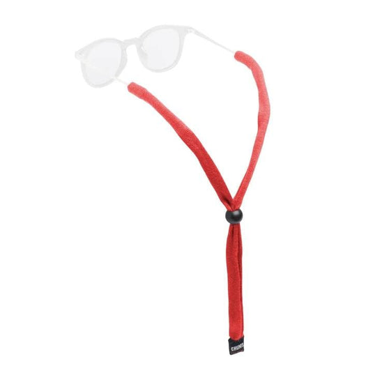 A black kids-sized cotton eyewear retainer with an adjustable bead, displayed with a pair of glasses.