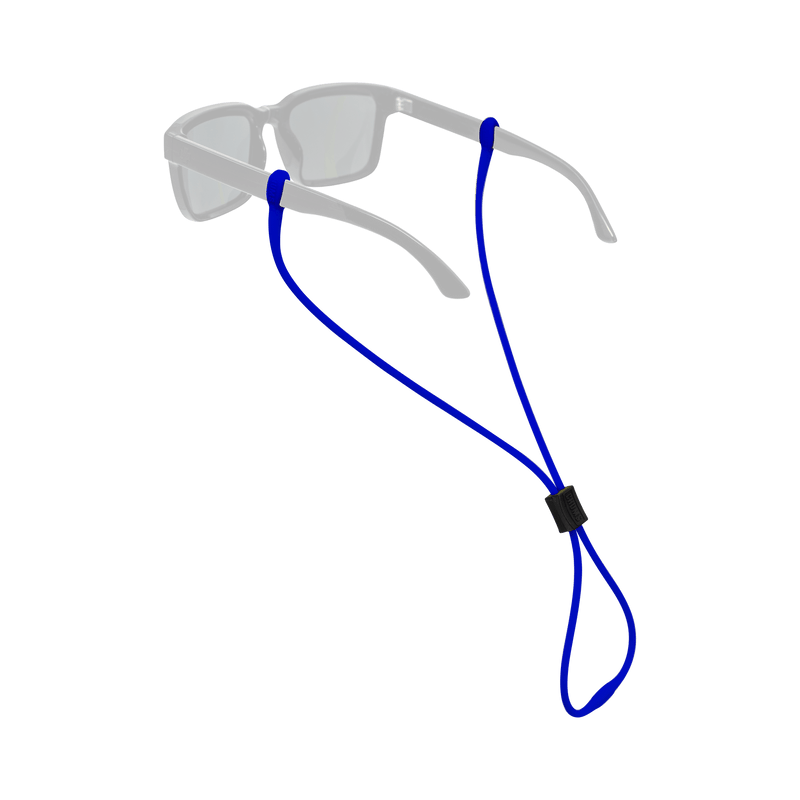 Load image into Gallery viewer, A pair of light gray sunglasses with a bright blue adjustable neck strap and a small black slider, shown on a plain white background.