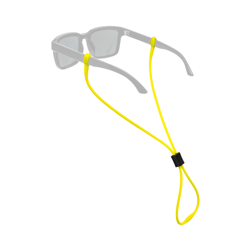 Load image into Gallery viewer, A pair of translucent gray sunglasses with a bright yellow elastic strap and a small black buckle, shown on a plain white background.
