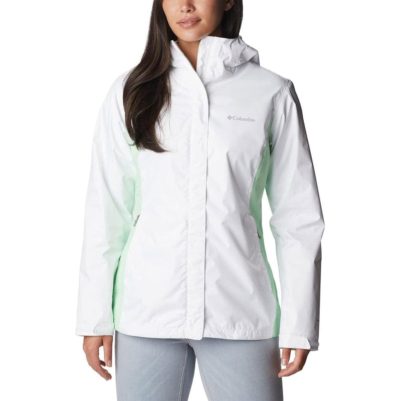 Load image into Gallery viewer, Woman wearing a white jacket with green accents on a white background