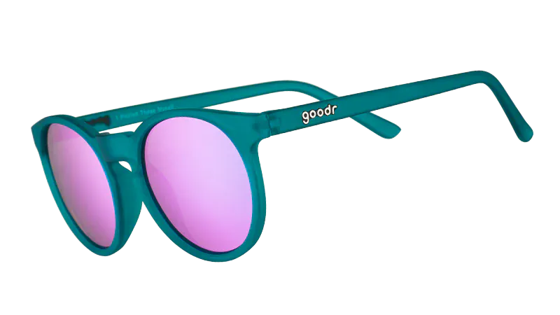 Load image into Gallery viewer, Teal sunglasses with pink lenses on a white background