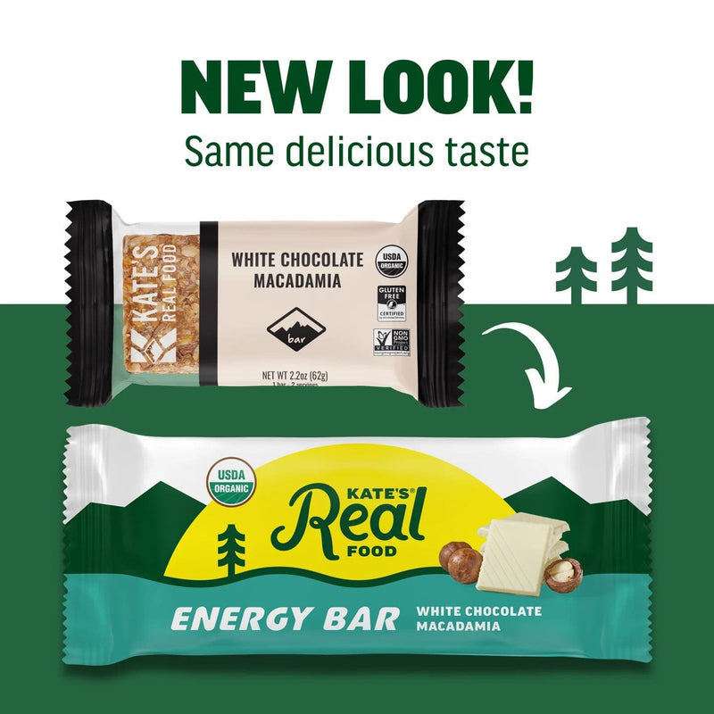 Load image into Gallery viewer, Two energy bar packages side by side with text indicating a new look and same delicious taste.