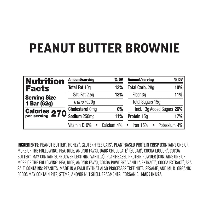 Load image into Gallery viewer, Nutrition facts label for a peanut butter brownie bar on a white background