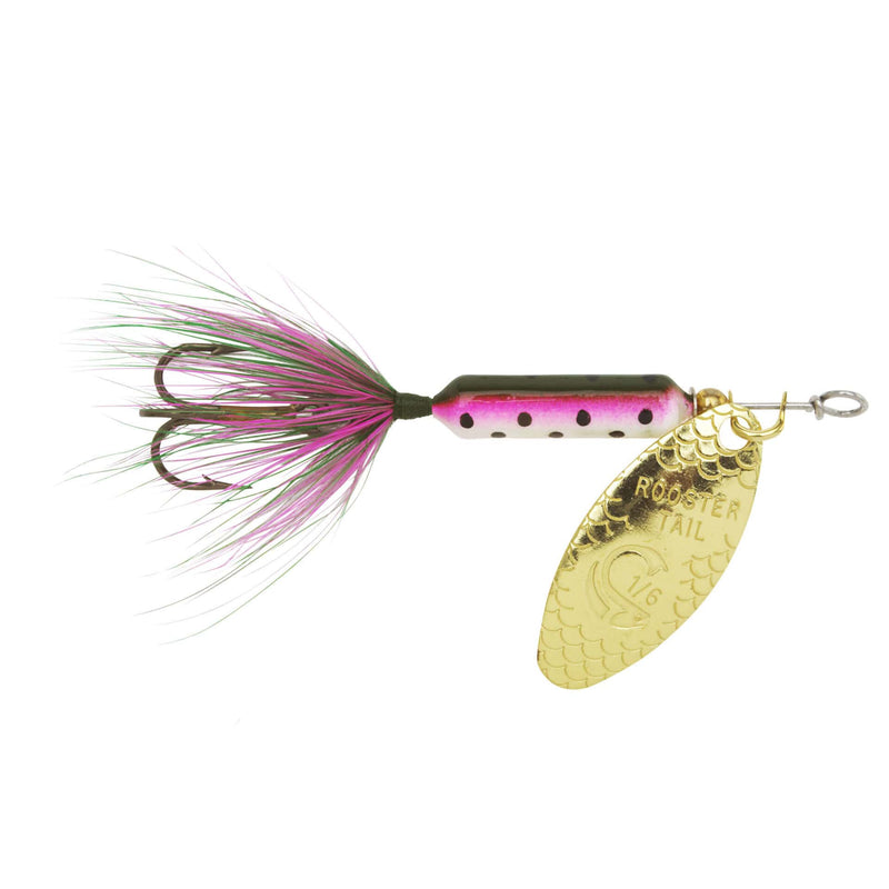Load image into Gallery viewer, Fishing lure with pink and green tail and gold blade on a white background