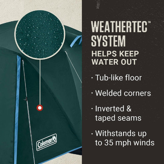 Coleman tent with WEATHERTEC system features on a dark background