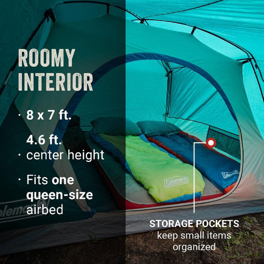 Camping tent interior with Coleman sleeping bags and text highlighting features