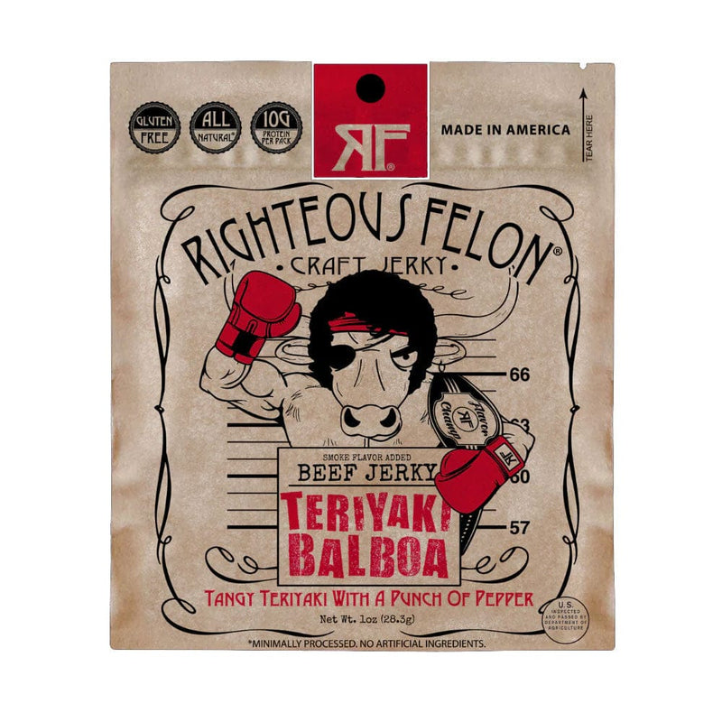 Load image into Gallery viewer, Righteous Felon beef jerky package with a stylized illustration of a boxer on a brown background.