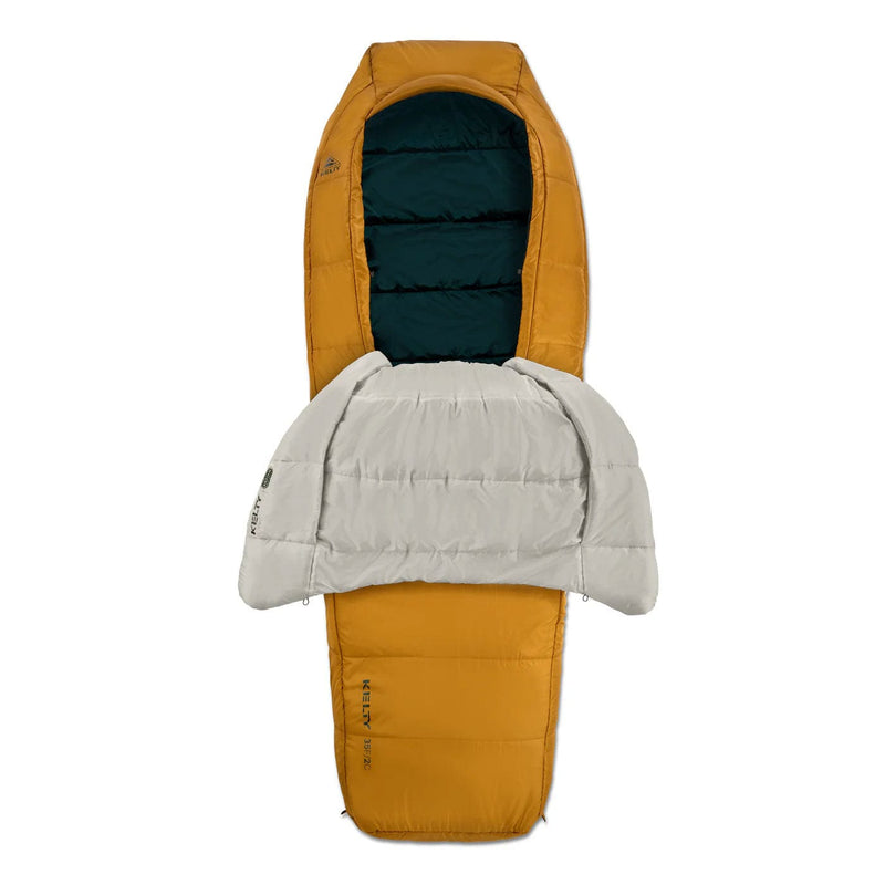 Load image into Gallery viewer, Multicolored sleeping bag with mustard yellow, teal, and gray sections on a white background