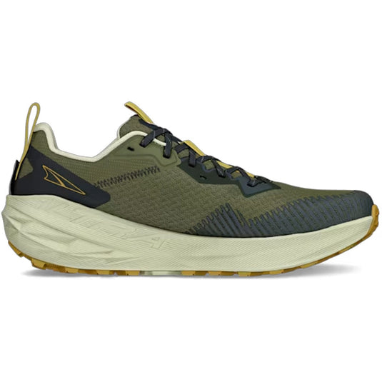 Green running shoe with a white sole on a white background