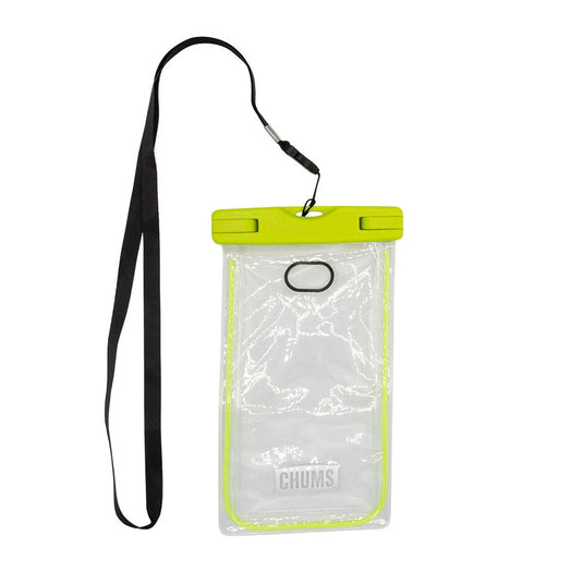 Clear phone pouch with green top and black strap on a white background