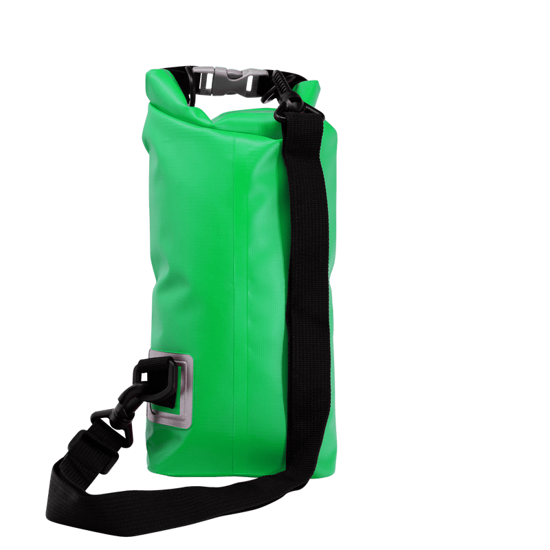 Load image into Gallery viewer, A bright green waterproof dry bag with a black roll-top buckle closure and a black shoulder strap, shown on a plain white background.