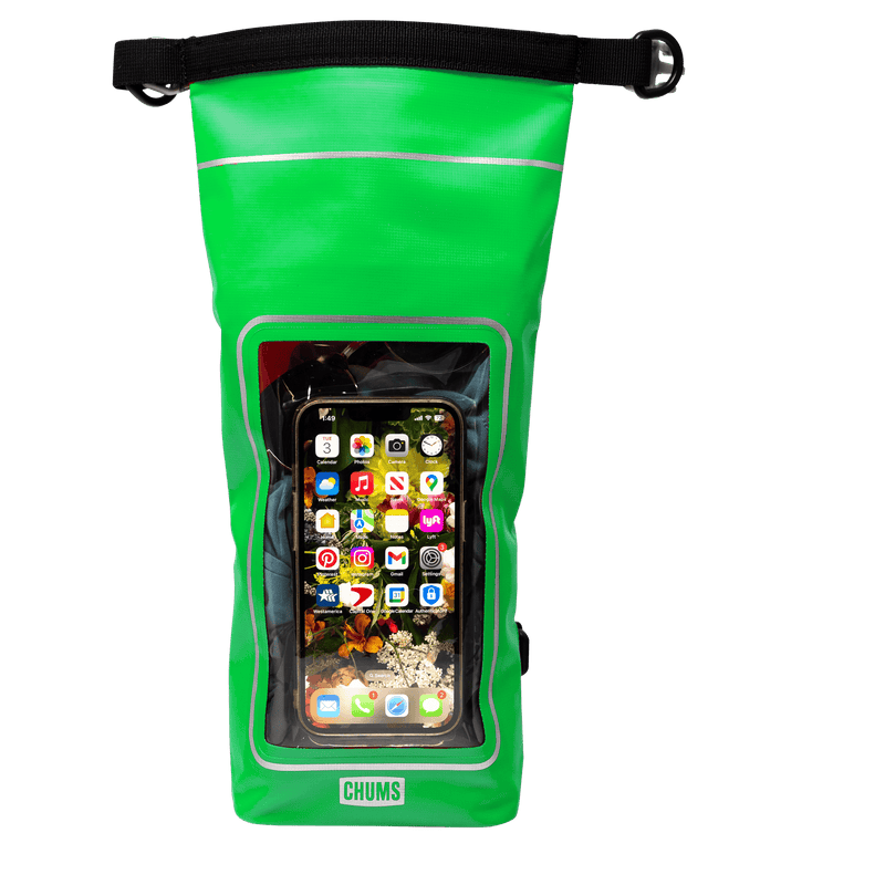 Load image into Gallery viewer, A bright green waterproof phone bag with a clear front window displaying a smartphone inside, featuring a black strap at the top and the brand name CHUMS on the bottom.
