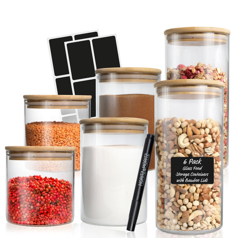 Load image into Gallery viewer, 6 Glass Storage Jars with Lids, Includes Chalkboard Stickers and Chalk Pen by Moritz & Moritz