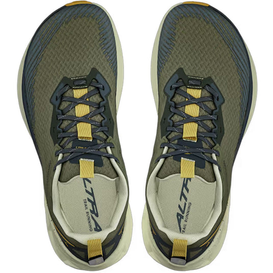 Pair of green and gray running shoes with yellow accents on a white background