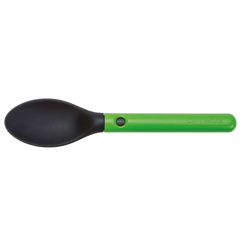 Load image into Gallery viewer, Black spoon with green handle on a white background