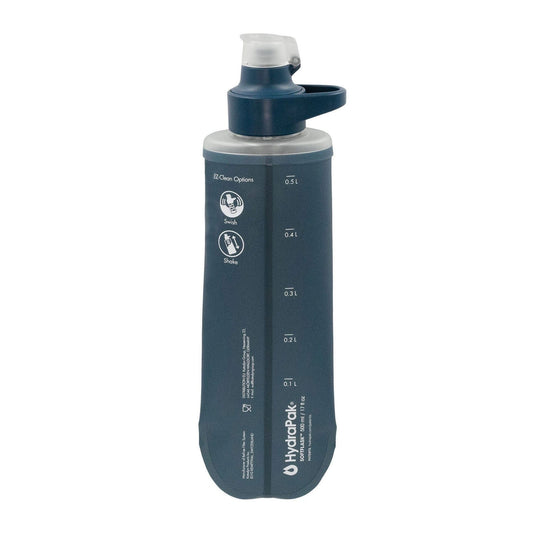 Blue water bottle with measurement markings on a white background