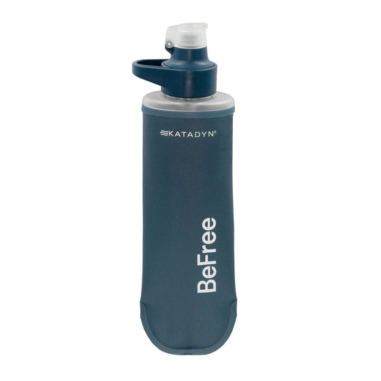 Blue Katadyn water filter bottle with 'BeFree' text on a white background