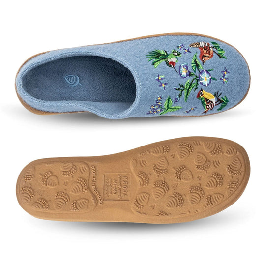Blue slipper with floral and bird embroidery on a white background
