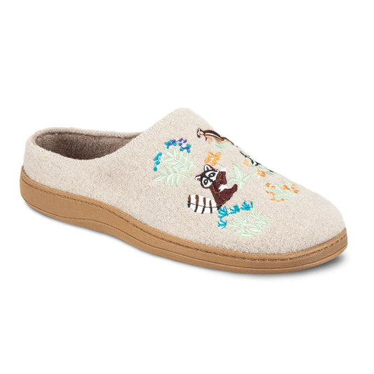 Beige slipper with embroidered design on a white background