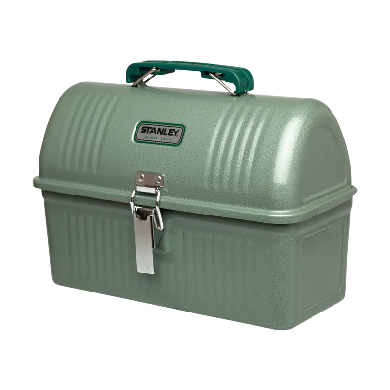 Load image into Gallery viewer, A green Stanley metal toolbox with a ribbed lid, silver latch, and green handle, shown on a plain white background.
