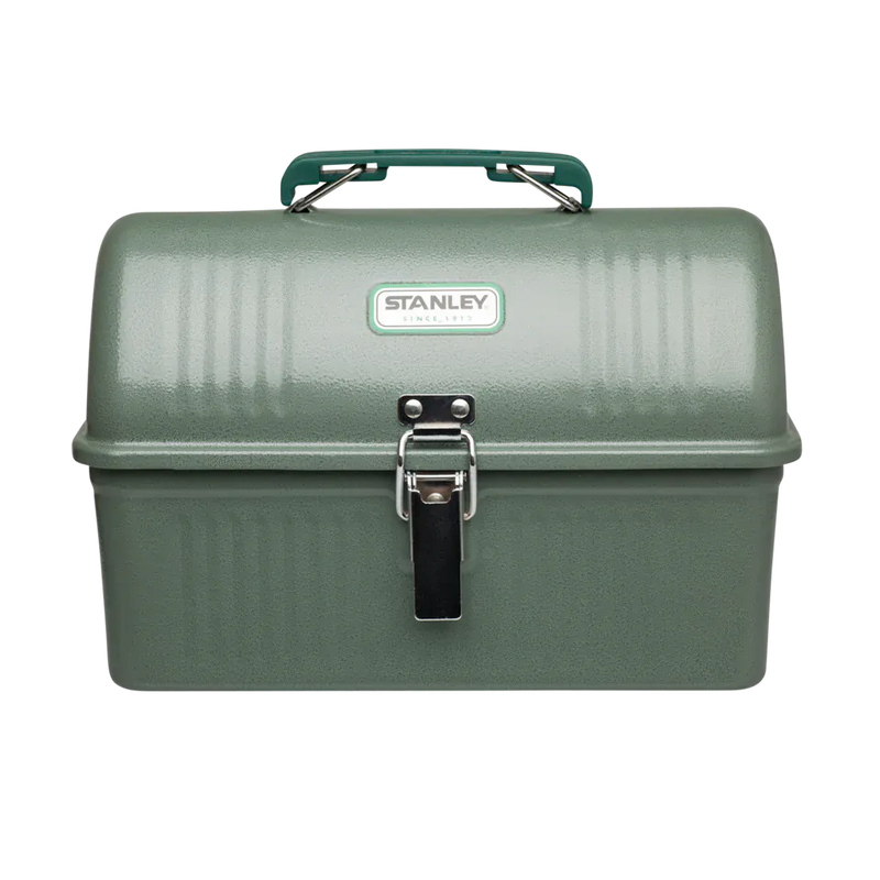 Load image into Gallery viewer, A green Stanley tool box with a top handle, ribbed metal body, and front latch closure, shown on a plain white background.