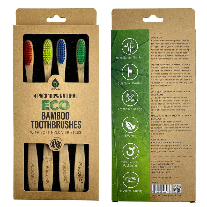 Load image into Gallery viewer, 100% Natural Eco Bamboo Toothbrushes (4 pack) by Pursonic