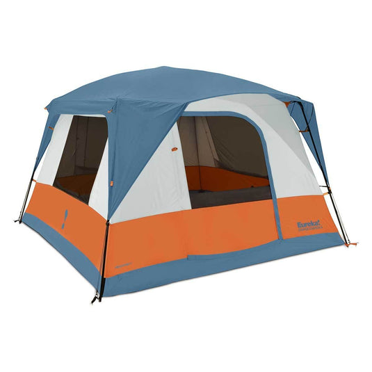 Camping tent with blue, orange, and gray colors on a white background