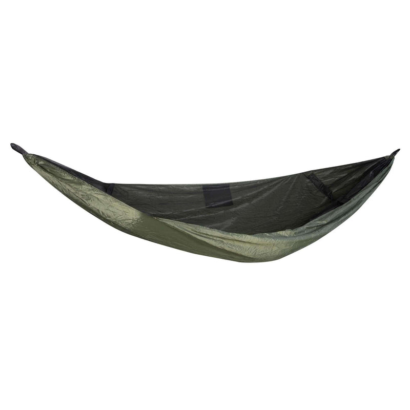 Load image into Gallery viewer, Lightweight hammock with mosquito net in green ripstop material.