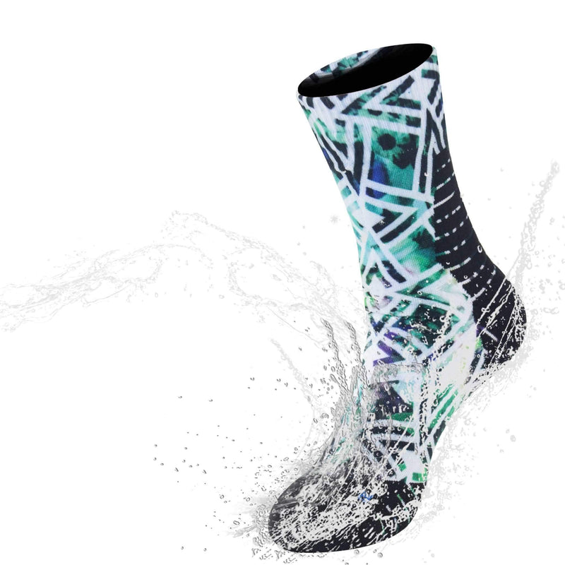 Load image into Gallery viewer, Multicolor Yatta Life Ultimate Unisex Waterproof Socks splashing in water, over ankle length, suitable for outdoor activities.