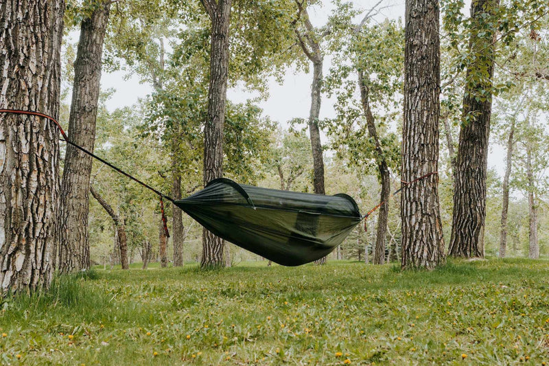 Load image into Gallery viewer, Lightweight hammock with mosquito net suspended between trees in a forest setting.