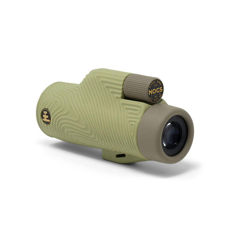 Load image into Gallery viewer, A single-lens spotting scope monocular in olive green with a textured wavy pattern, a brown knurled focus wheel, and gold accents, shown on a white background.