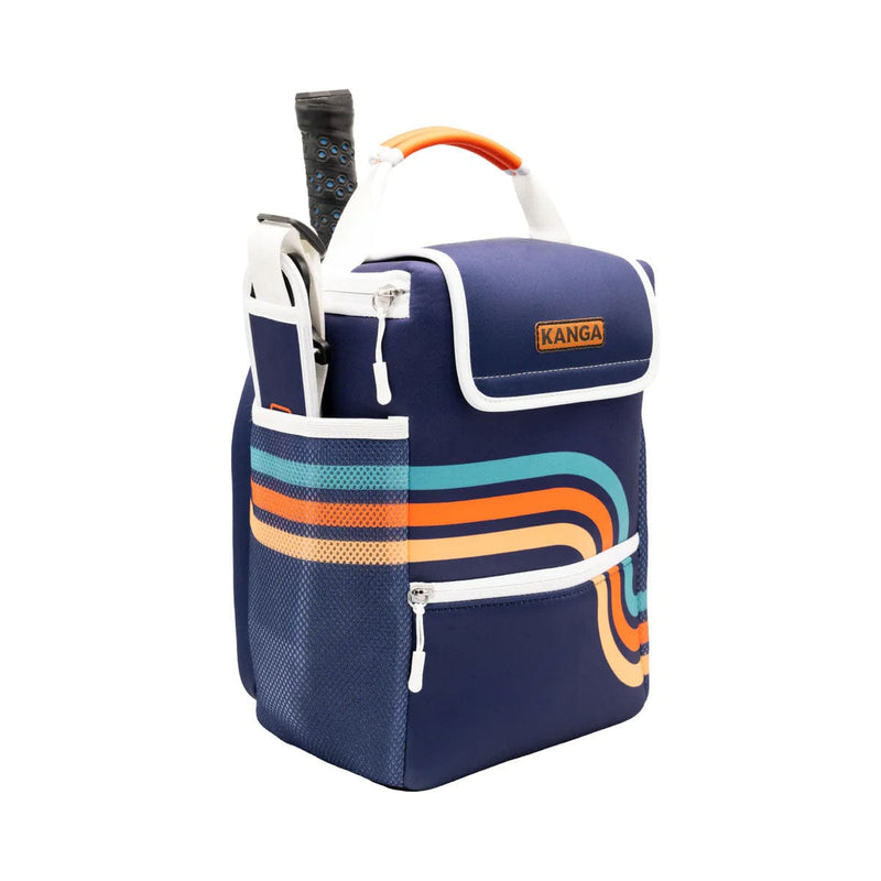 Load image into Gallery viewer, Navy blue cooler bag with colorful stripes and a Kanga logo on a white background