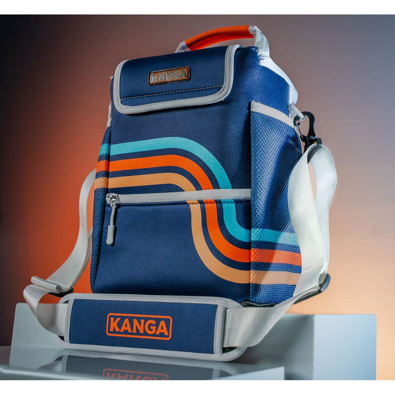 Load image into Gallery viewer, Blue backpack with orange and green stripes and Kanga branding on a gradient background