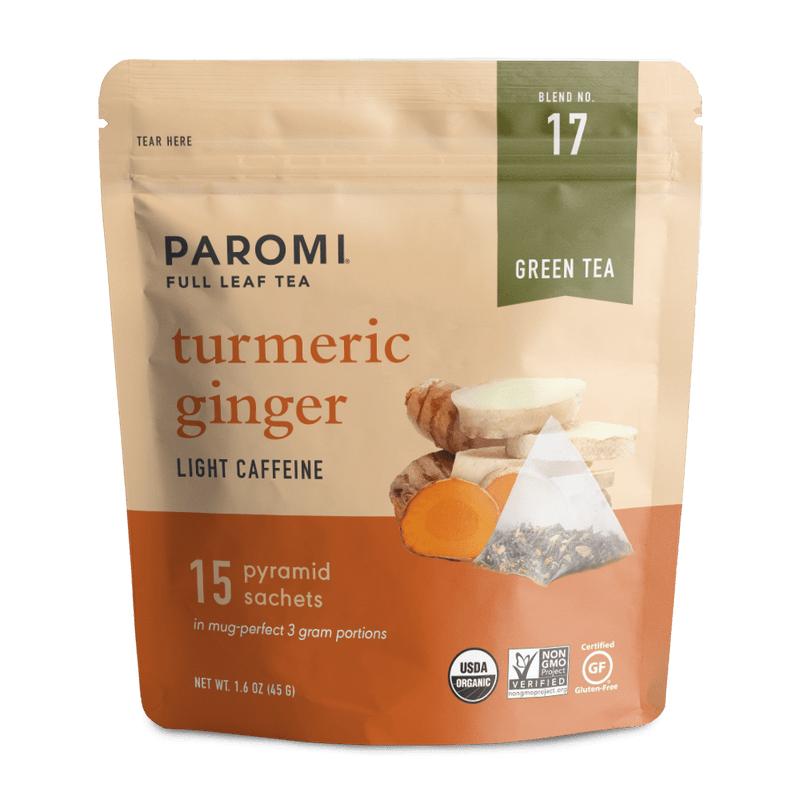 Load image into Gallery viewer, Organic Turmeric Ginger Green Tea, Full Leaf, in Pyramid Tea Bags by Paromi Tea