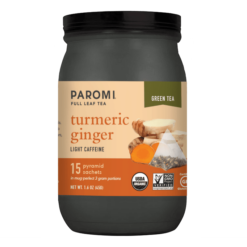 Load image into Gallery viewer, Organic Turmeric Ginger Green Tea, Full Leaf, in Pyramid Tea Bags by Paromi Tea