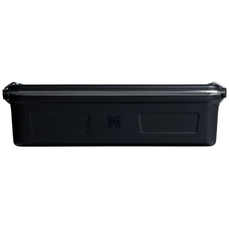 Load image into Gallery viewer, A black plastic storage box with a lid, featuring embossed handle panels on the front and a small winged logo in the center, set against a plain white background.