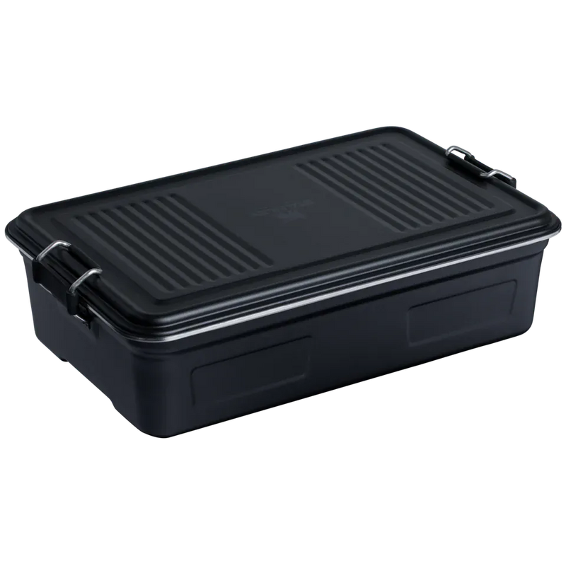 Load image into Gallery viewer, A black plastic storage container with a secure latched lid, shown at an angle on a plain white background.