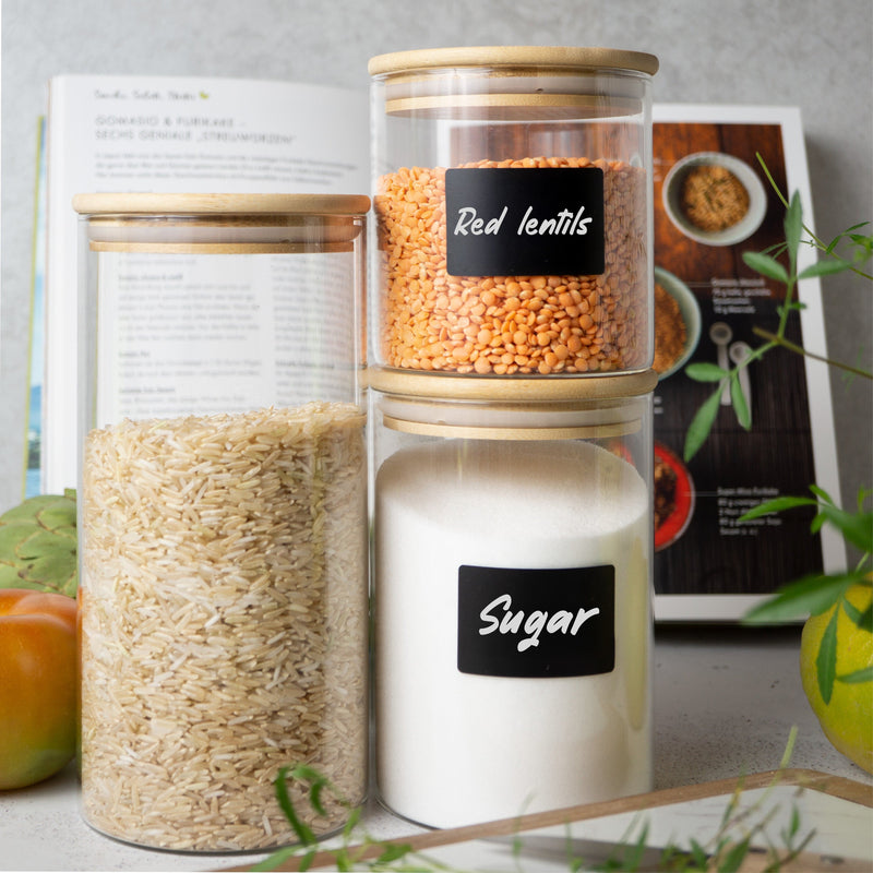 Load image into Gallery viewer, 6 Glass Storage Jars with Lids, Includes Chalkboard Stickers and Chalk Pen by Moritz & Moritz