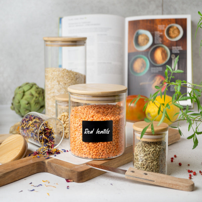 Load image into Gallery viewer, 6 Glass Storage Jars with Lids, Includes Chalkboard Stickers and Chalk Pen by Moritz & Moritz