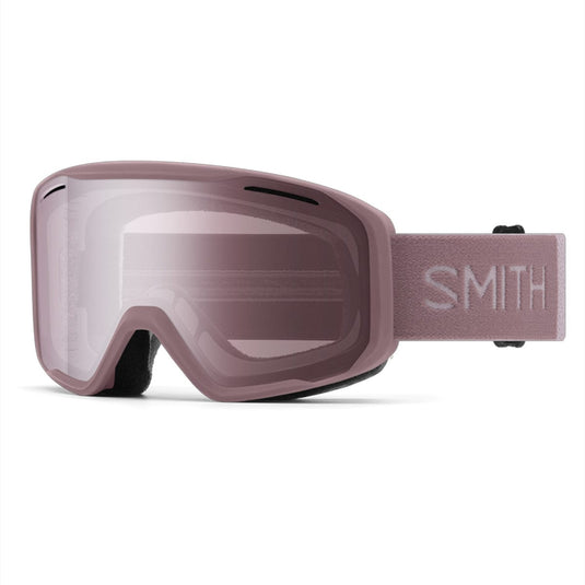 Pink ski goggles with 'Smith' branding on a white background