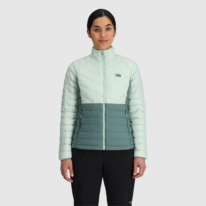 Load image into Gallery viewer, Outdoor Research down jacket with a zippered front, and elastic cuffs.