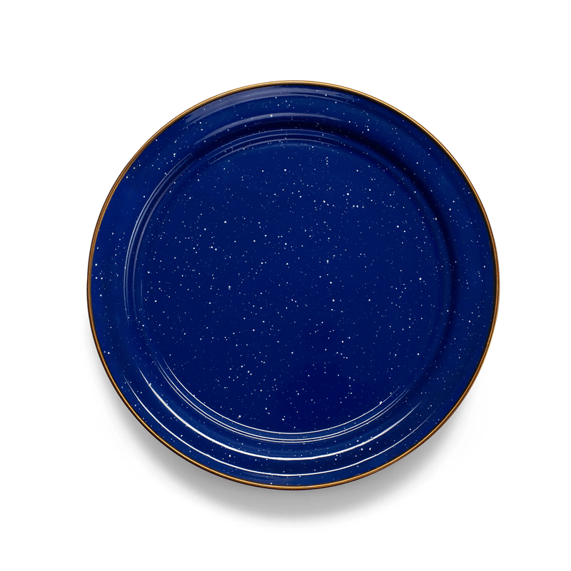 Load image into Gallery viewer, Blue ceramic plate with gold rim on a white background