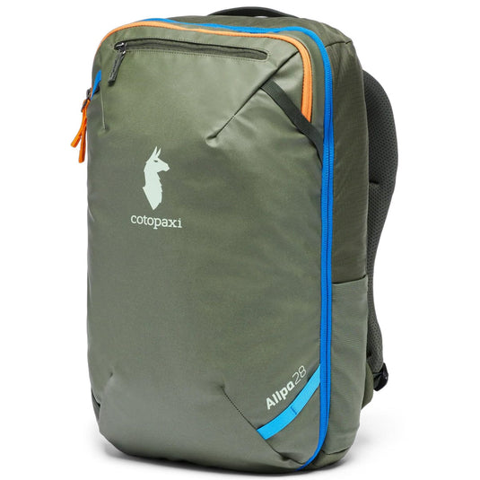 Green backpack with blue accents and Cotopaxi logo on a white background